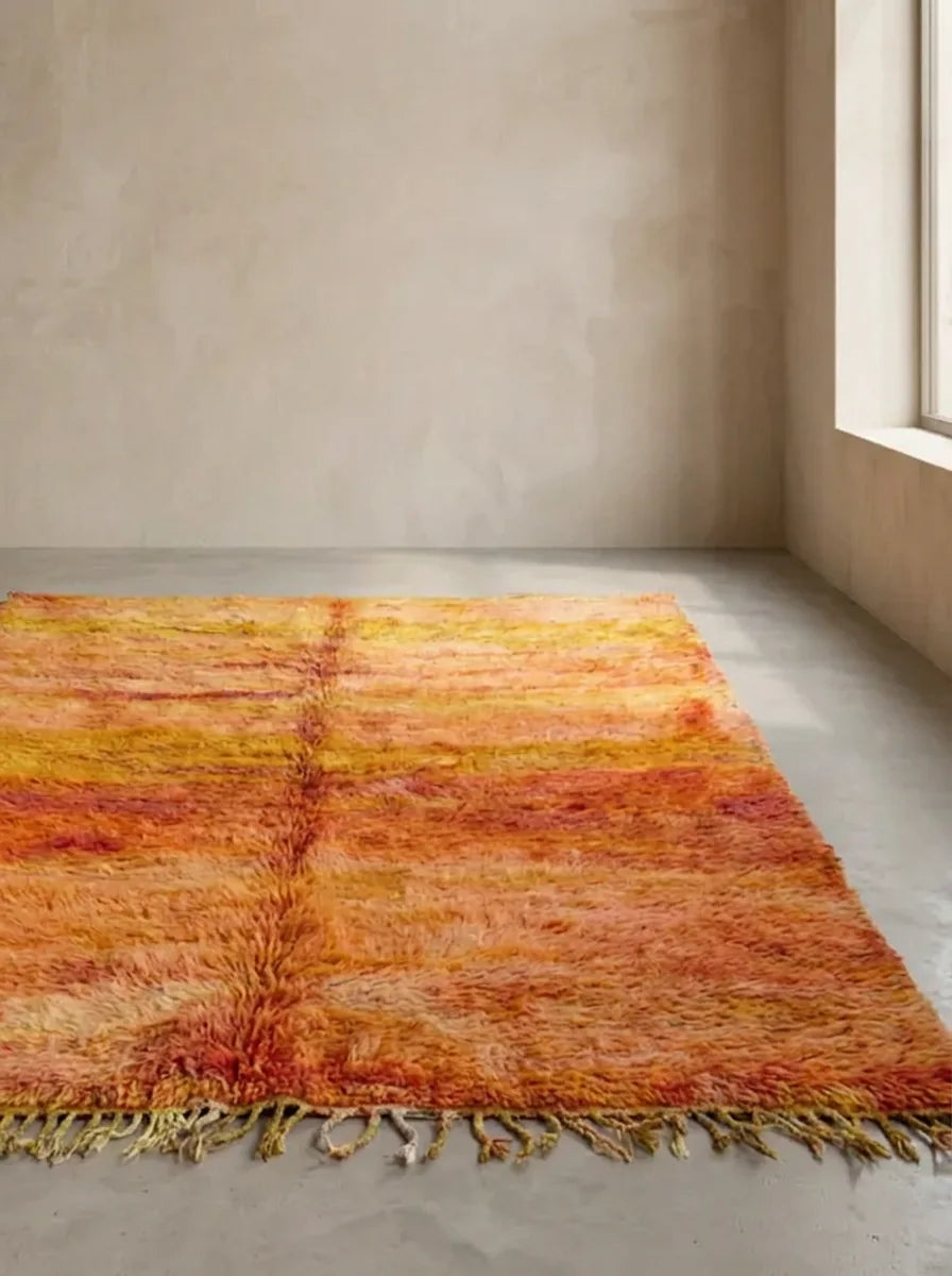 Beni Ourain wool rug, orange and pink ground with fine horizontal stripes, product view 3