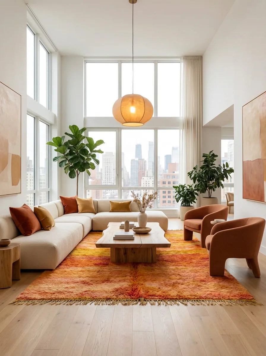 Beni Ourain wool rug, orange and pink ground with fine horizontal stripes, product view 4