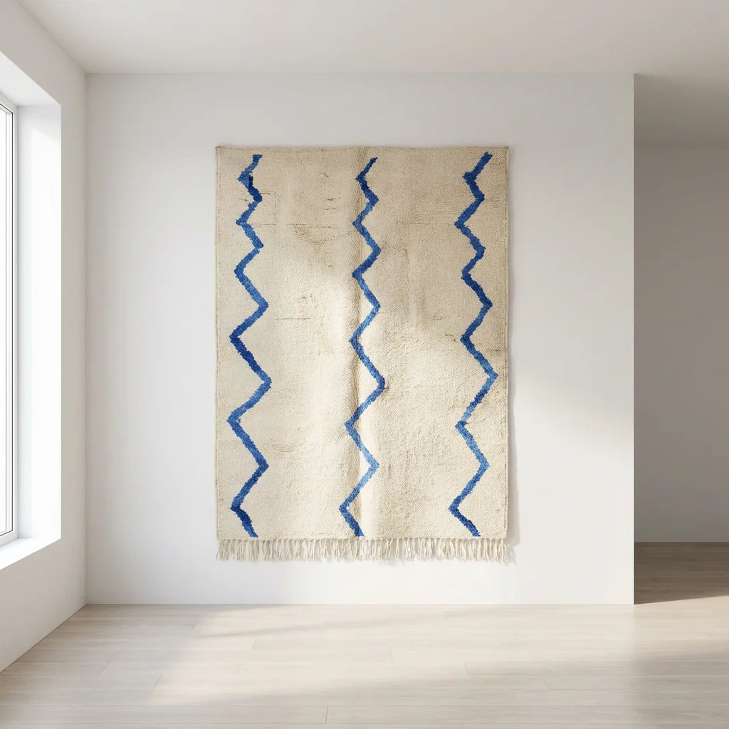 Beni Ourain wool rug, cream ground with blue and ochre zigzag lines, product view 2
