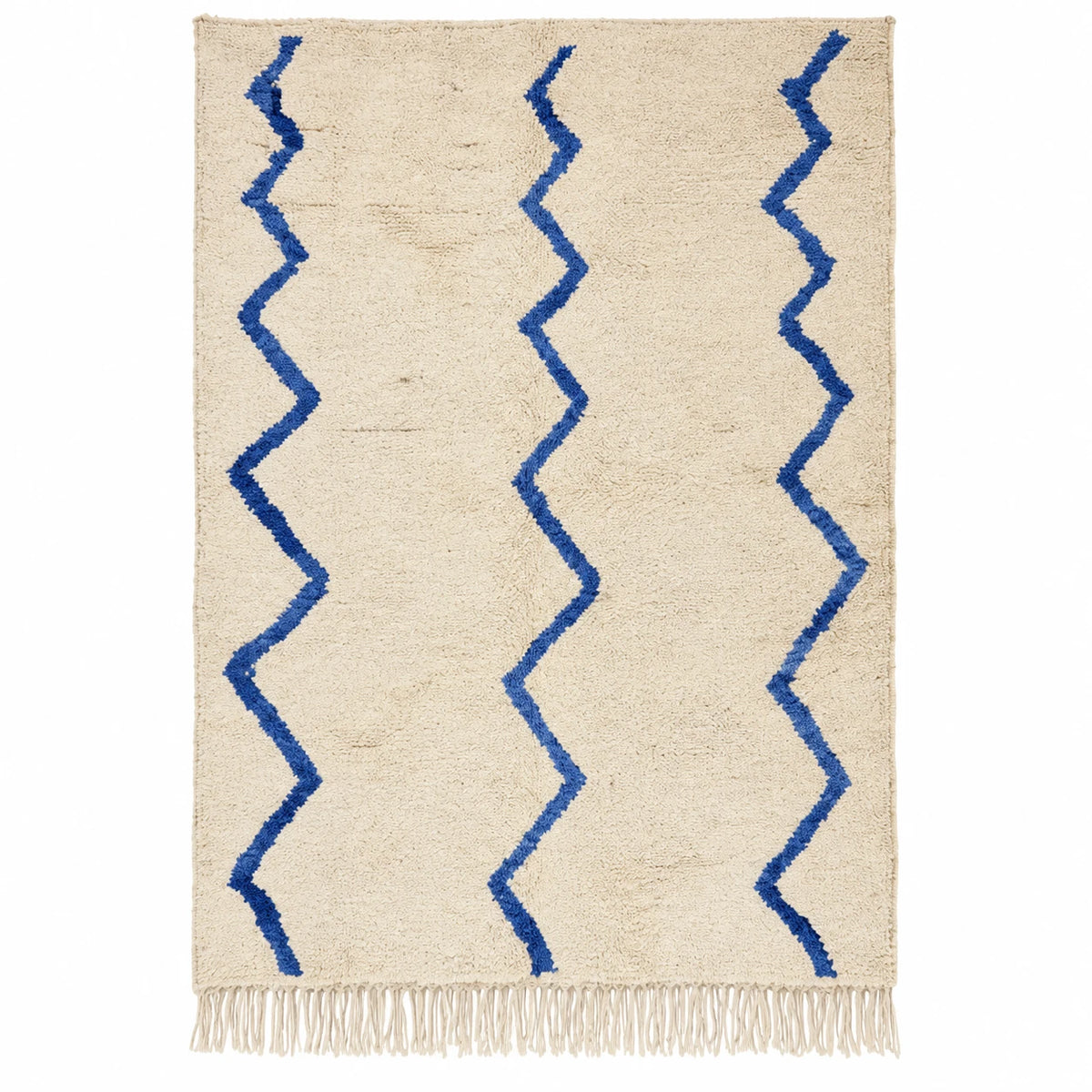 Front view of Beni Ourain wool rug, cream ground with blue and ochre zigzag lines