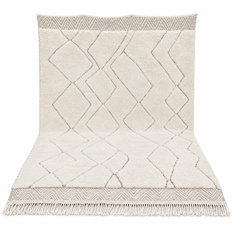 Cream Beni Ourain Rug with Diamonds and Zigzag Border, 345 × 245 cm.