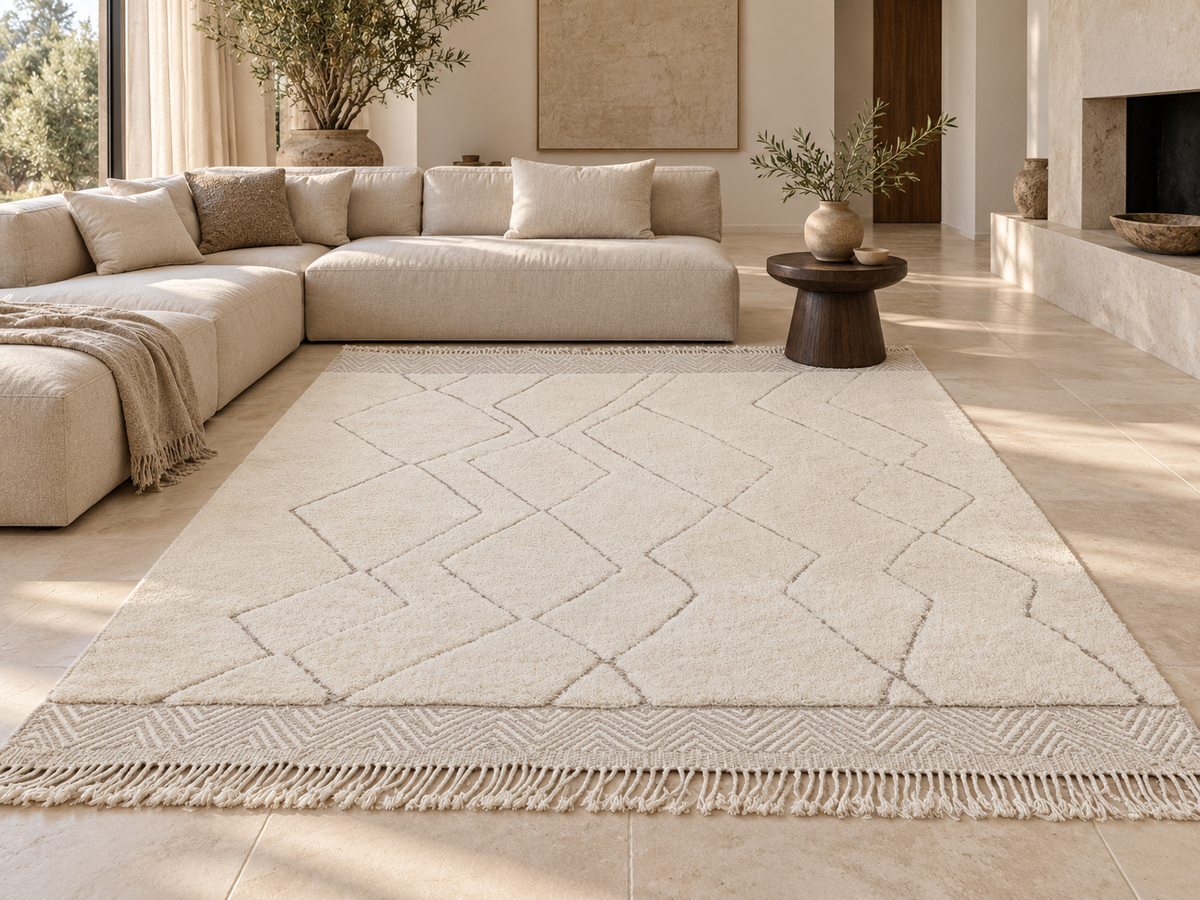 Beni Ourain Teppich Creme mit Rauten und Zickzackbordüre – 345 × 245 cm – Einrichtungsvisualisierung im modernen Wohnzimmer
