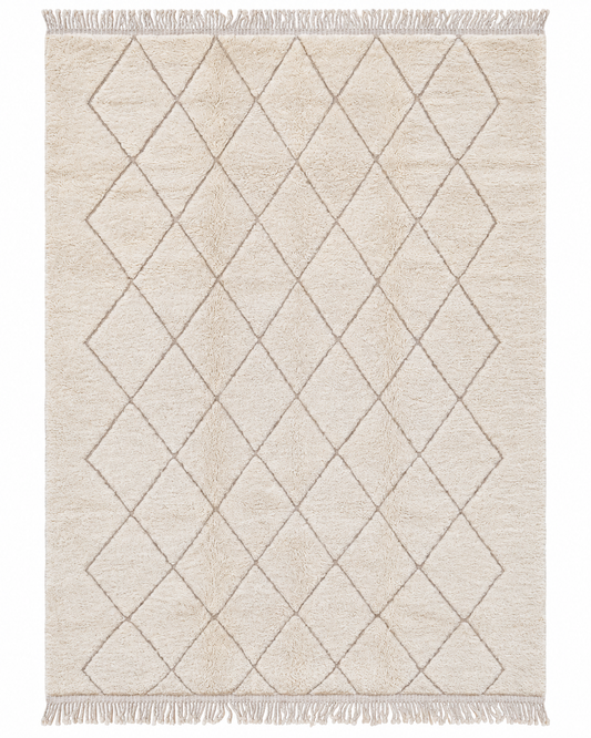 Beni Ourain Teppich Creme mit Taupe-Rauten – ca. 351 × 253 cm – gerade freigestellte Gesamtansicht
