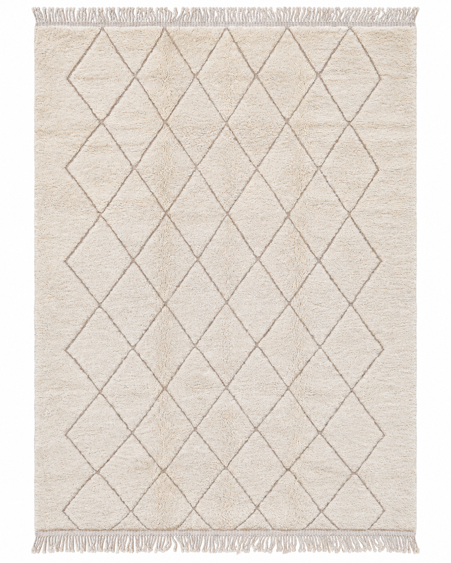 Cream Beni Ourain Rug with Taupe Diamonds, approx. 351 × 253 cm.