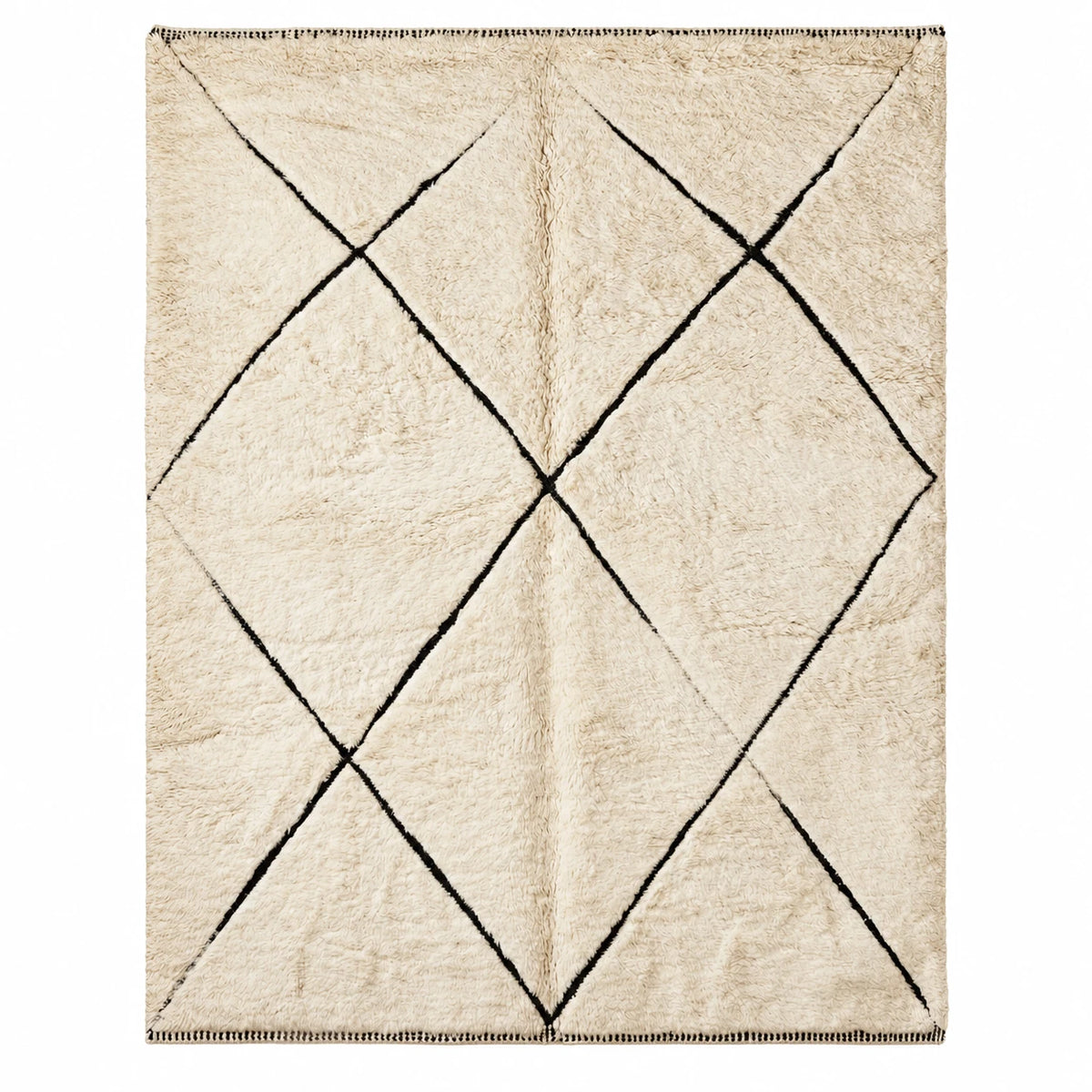 Front view of Beni Ourain wool rug, cream ground with a large black diamond lattice