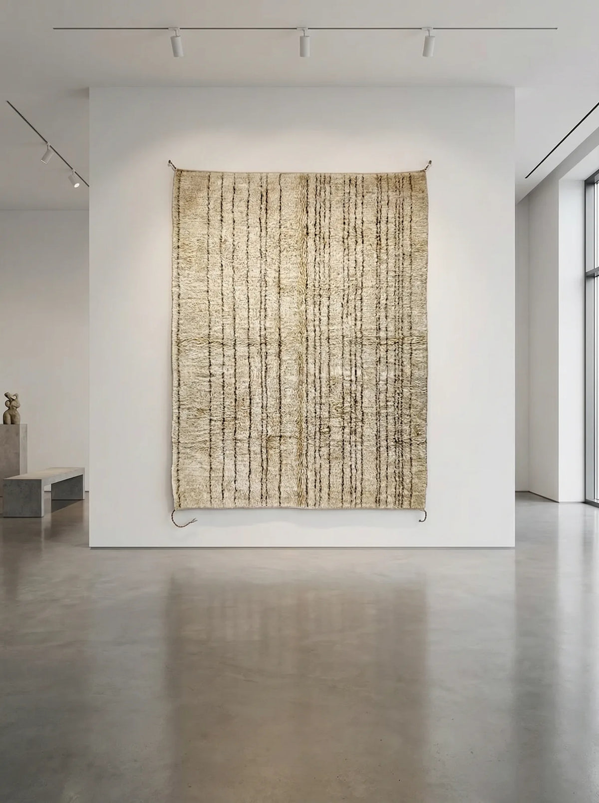 Beni Ourain wool rug, beige ground with fine dark vertical lines, product view 2