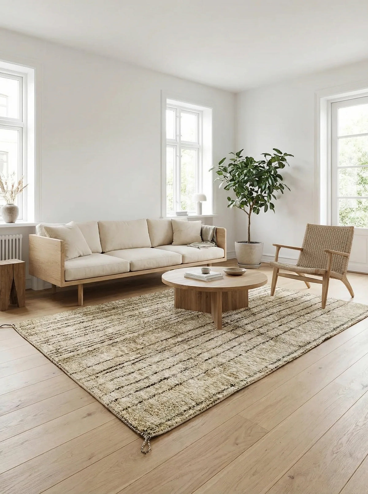 Beni Ourain wool rug, beige ground with fine dark vertical lines, product view 3