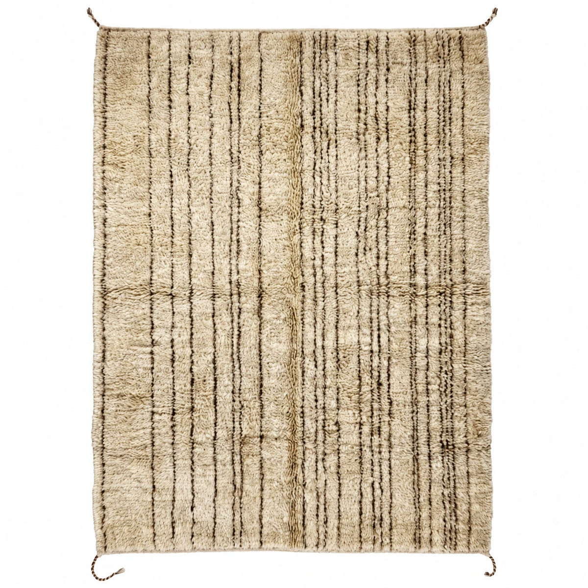 Front view of Beni Ourain wool rug, beige ground with fine dark vertical lines