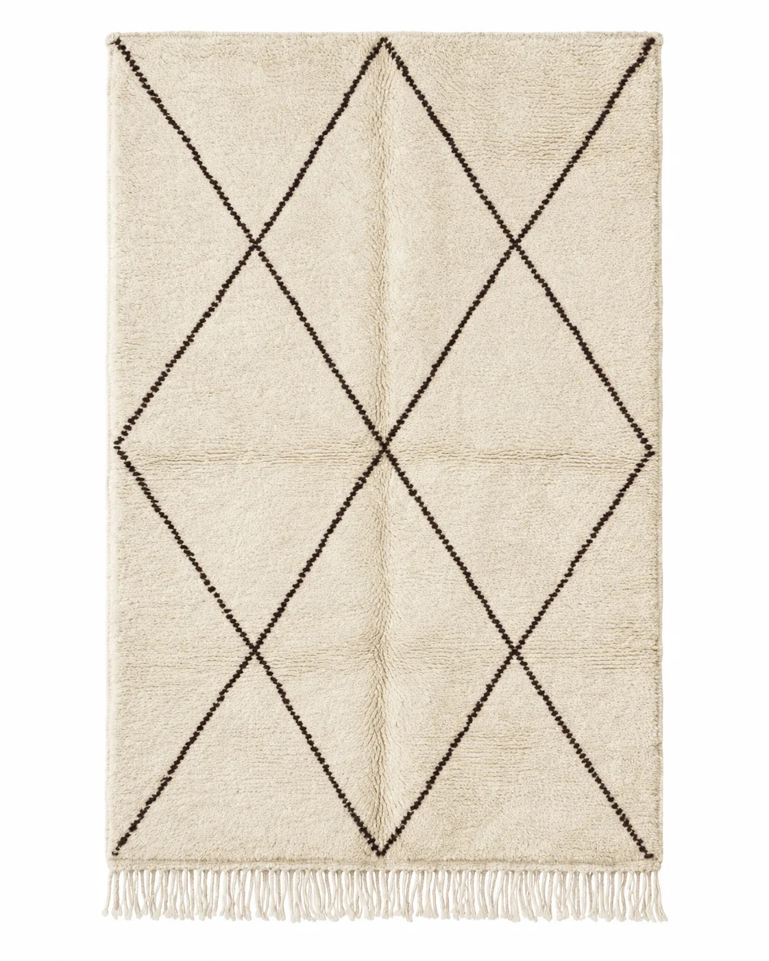 Front view of Beni Ourain wool rug, cream ground with several black diagonal lines