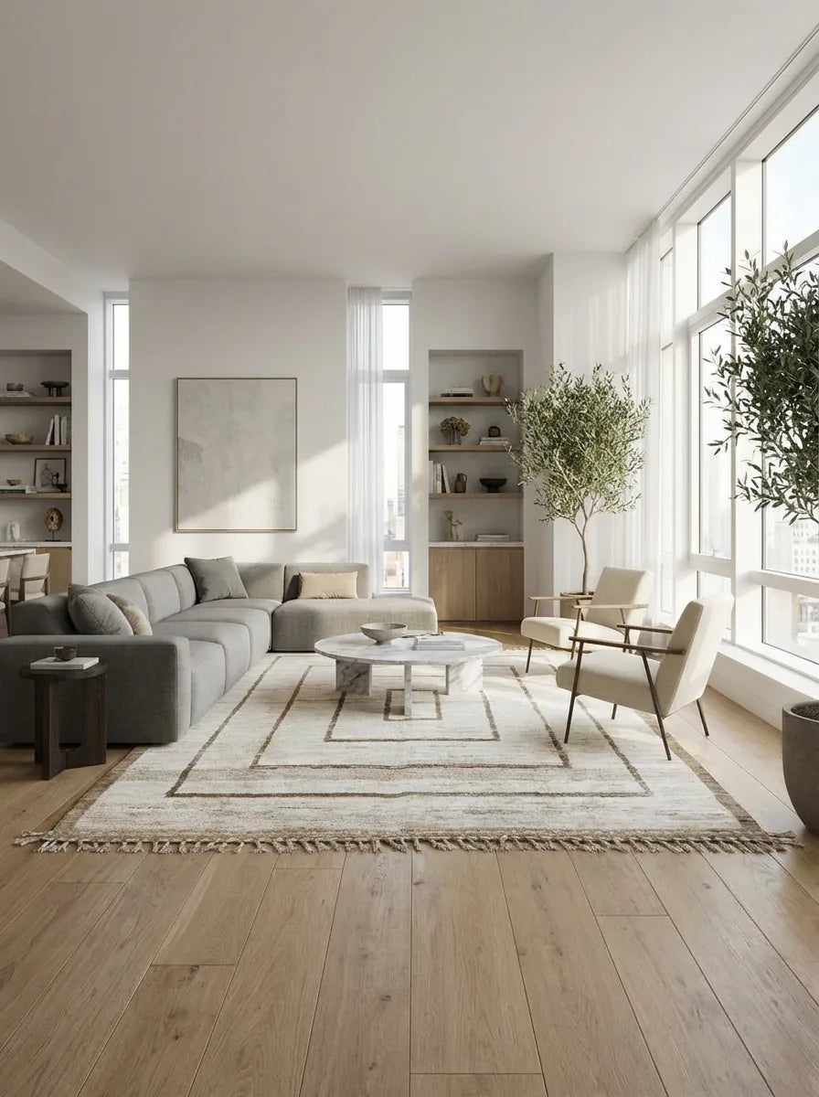 Beni Ourain wool rug, cream ground with nested brown rectangles, product view 3