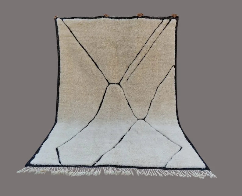 Beni Ourain wool rug, cream ground with bold free-flowing black lines, product view 3