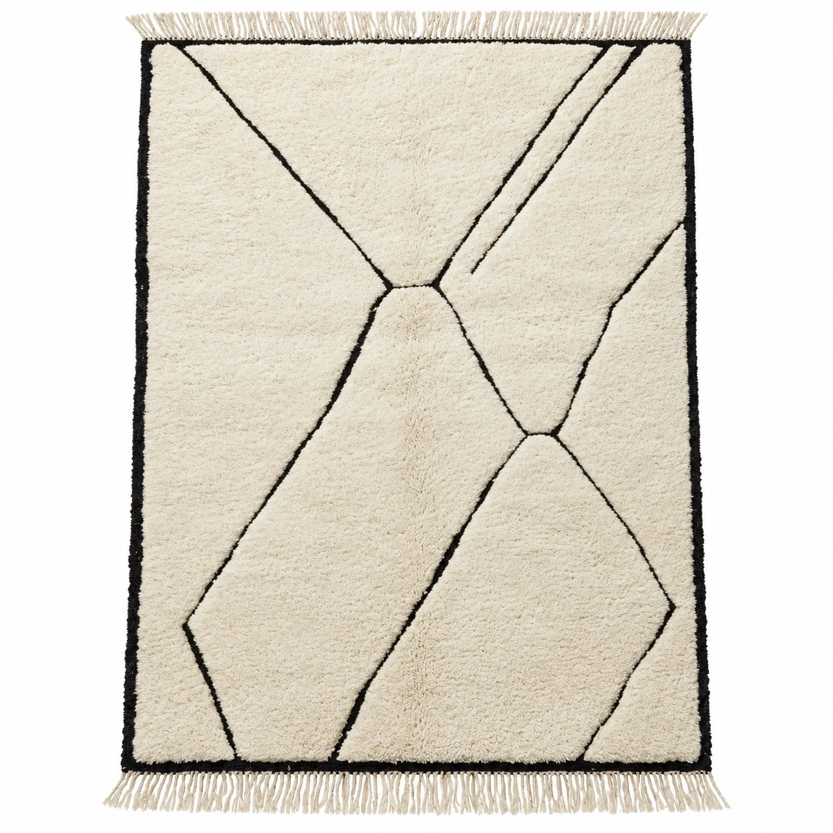 Front view of Beni Ourain wool rug, cream ground with bold free-flowing black lines