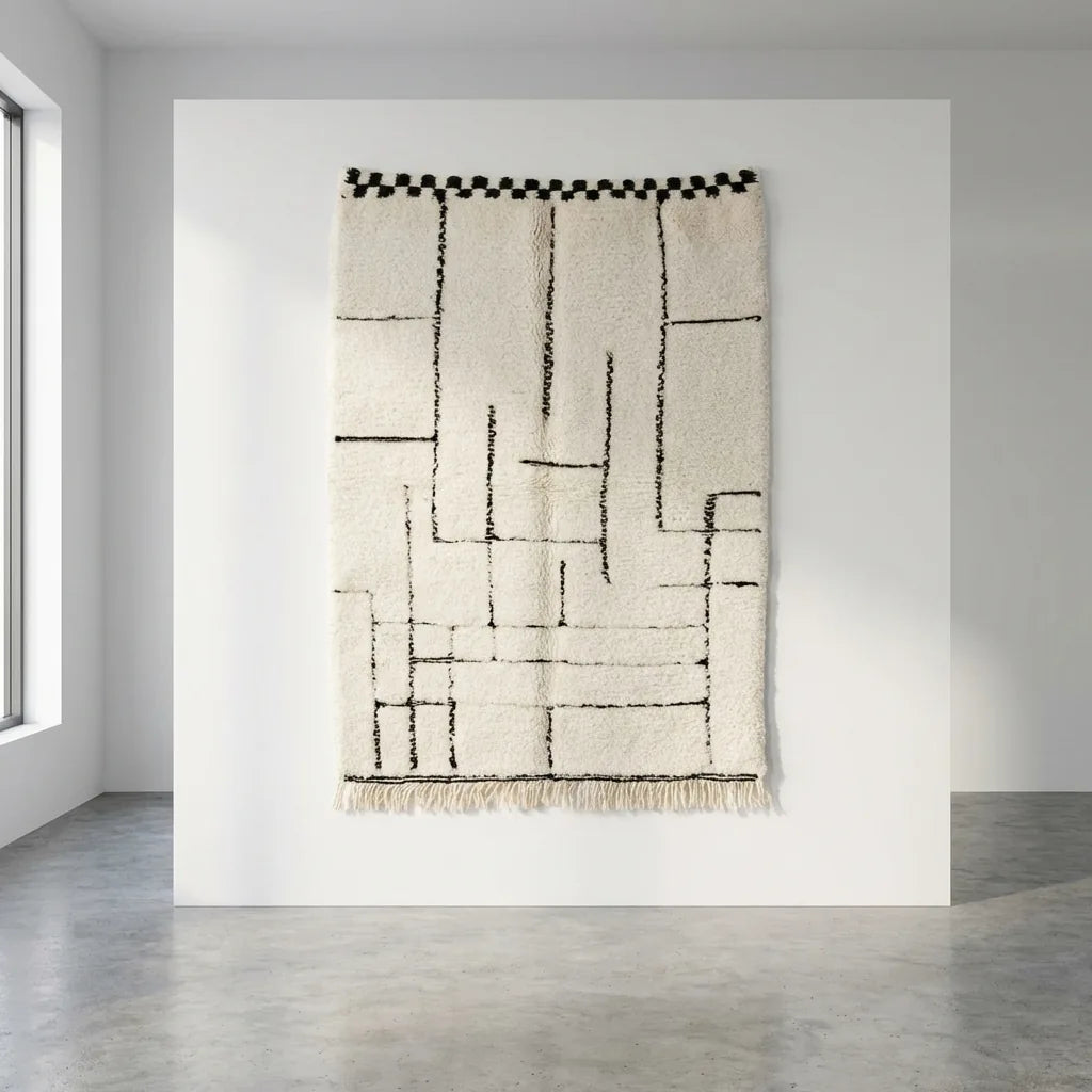Beni Ourain wool rug, cream ground with asymmetrical black lines, product view 2
