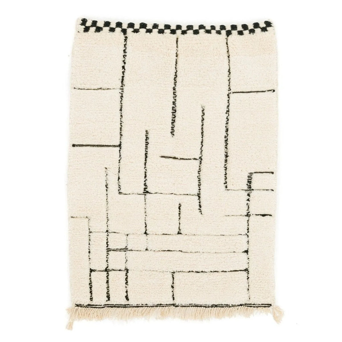 Front view of Beni Ourain wool rug, cream ground with asymmetrical black lines