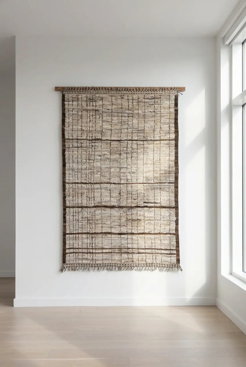 Beni Ourain wool rug, beige ground with a dense dark line grid, product view 2