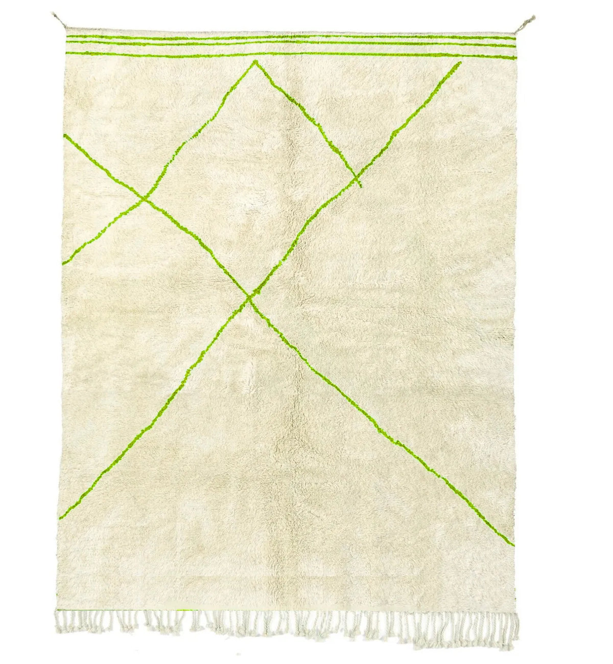 Front view of Beni Ourain wool rug, cream ground with light green diamonds and border lines