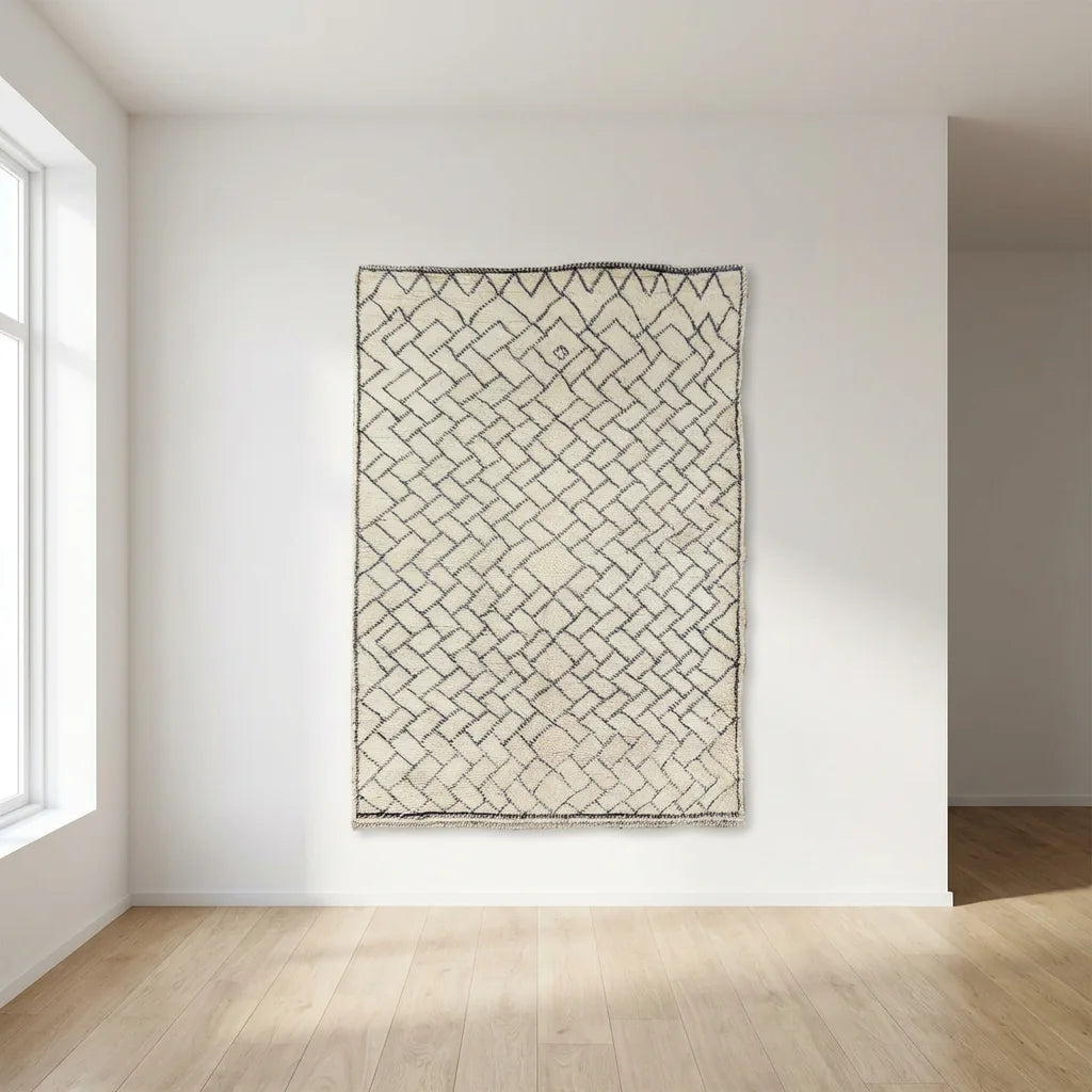 Beni Ourain wool rug, cream ground with a small black diamond lattice, product view 2