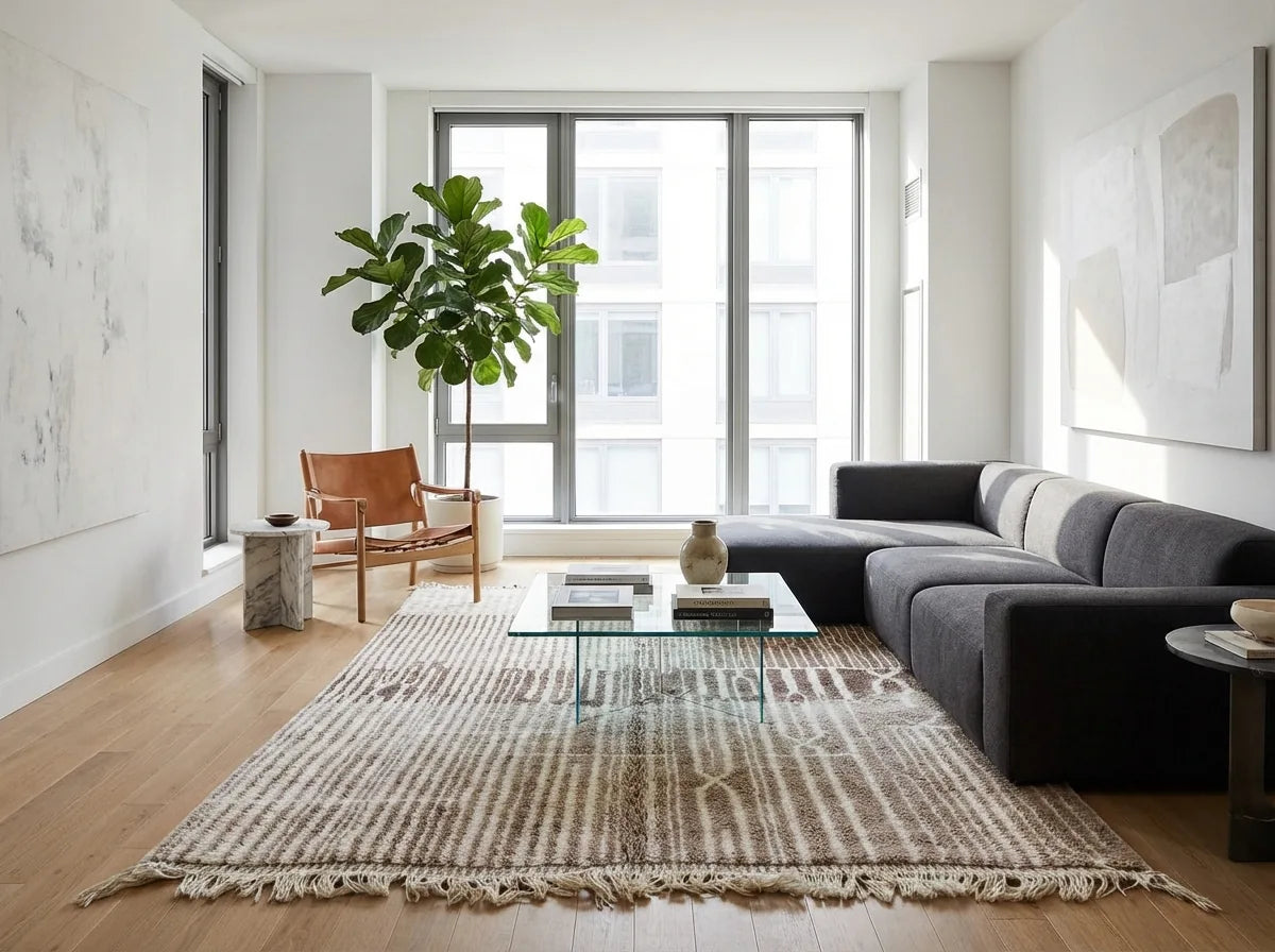 Beni Ourain wool rug, cream ground with dense dark lines and horizontal bands, product view 3