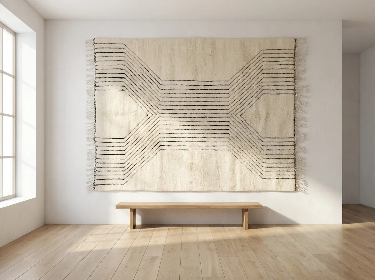 Beni Ourain wool rug, cream ground with fanned black lines and a horizontal center, product view 2