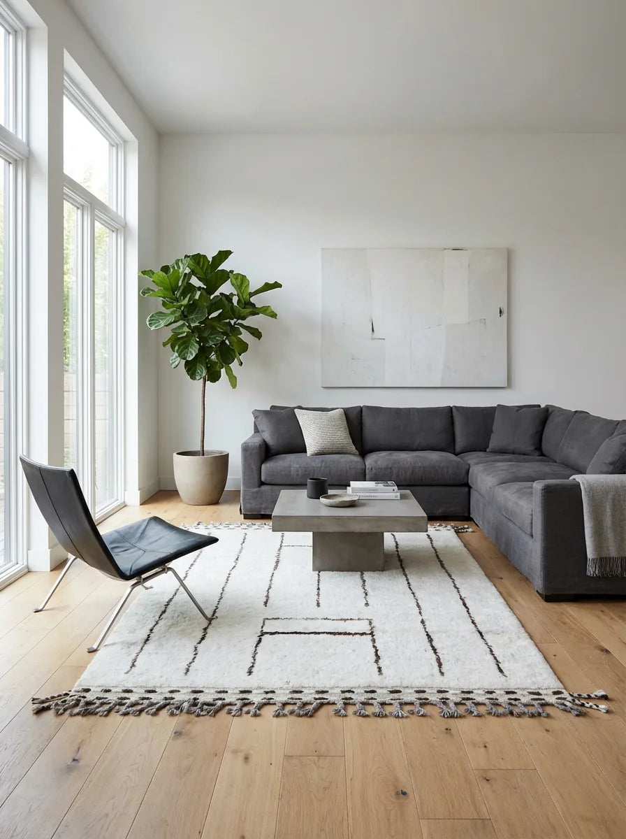 Beni Ourain wool rug, cream ground with fine black lines and small rectangles, product view 3
