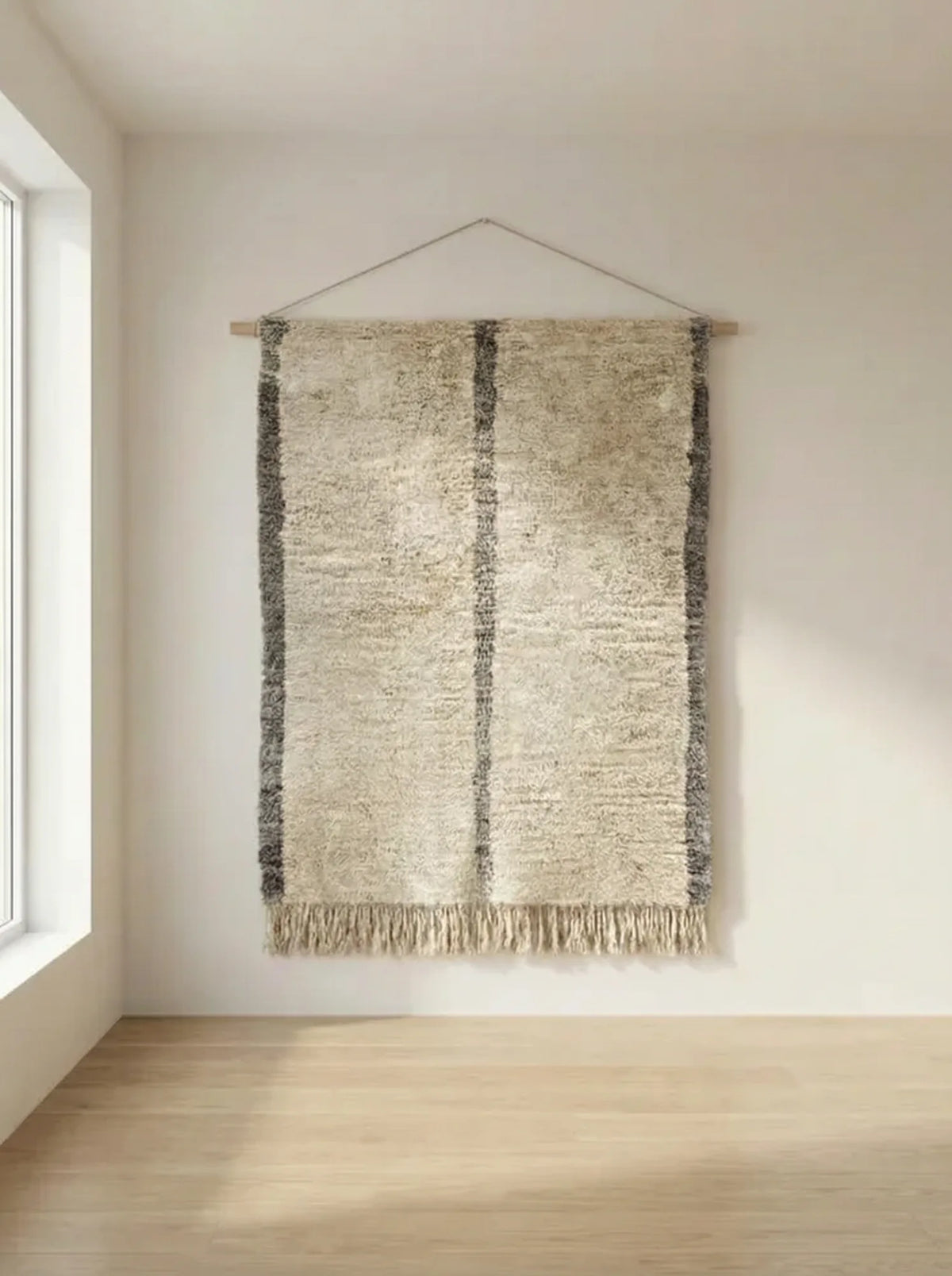Beni Ourain wool rug, cream ground with a dark center line and side stripes, product view 2
