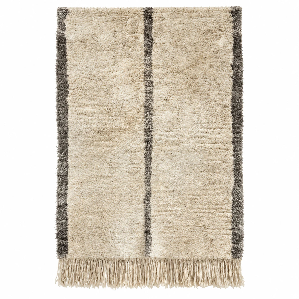 Front view of Beni Ourain wool rug, cream ground with a dark center line and side stripes