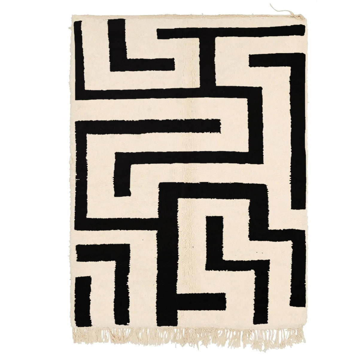 Front view of Beni Ourain wool rug, cream ground with a bold black maze pattern