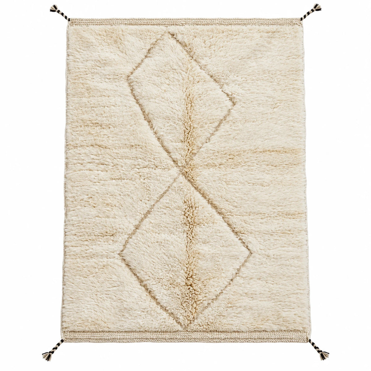 Front view of Beni Ourain wool rug, cream ground with subtle beige diamonds