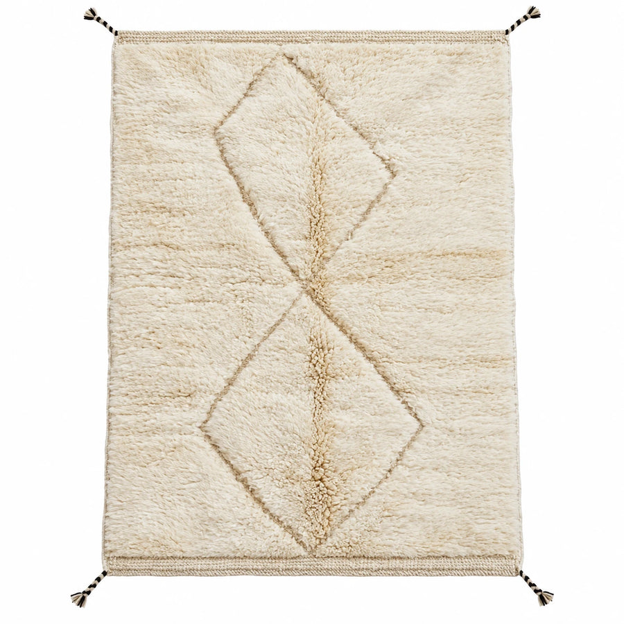 Front view of Beni Ourain wool rug, cream ground with subtle beige diamonds