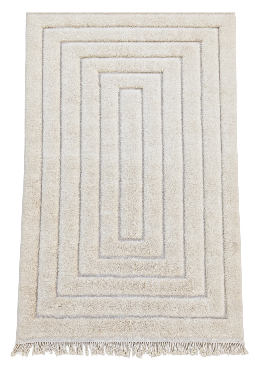 Natural White Beni Ourain Rug with Rectangle Relief, 305 × 214 cm.