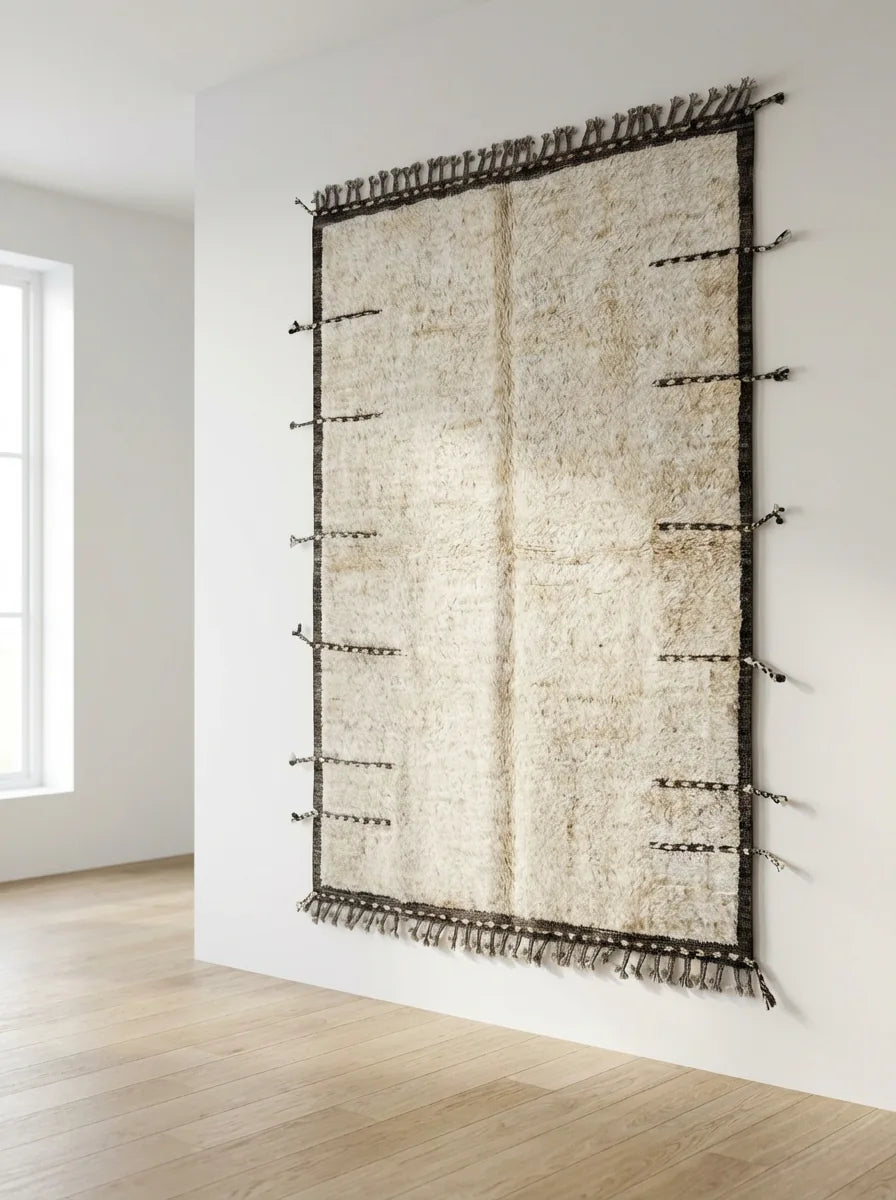 Beni Ourain wool rug, cream ground with a black border and short crosswise lines, product view 2