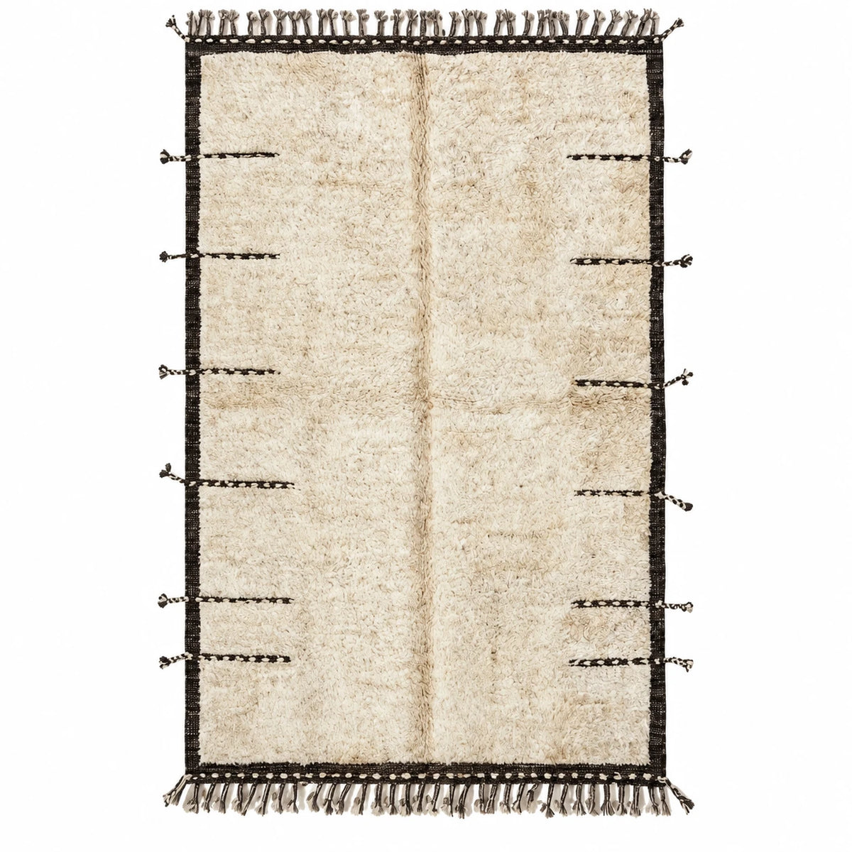 Front view of Beni Ourain wool rug, cream ground with a black border and short crosswise lines