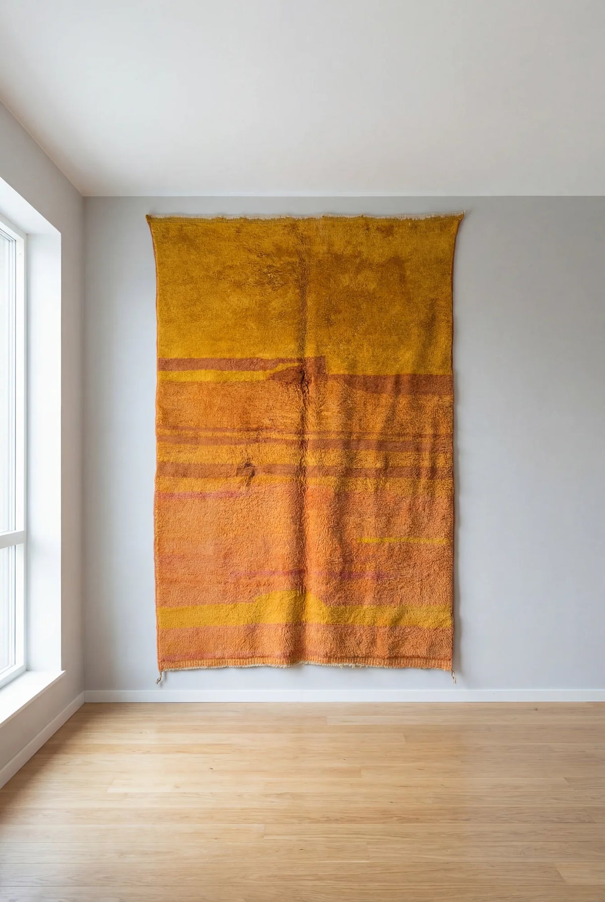 Beni Ourain wool rug, orange ground with reddish horizontal lines, product view 2