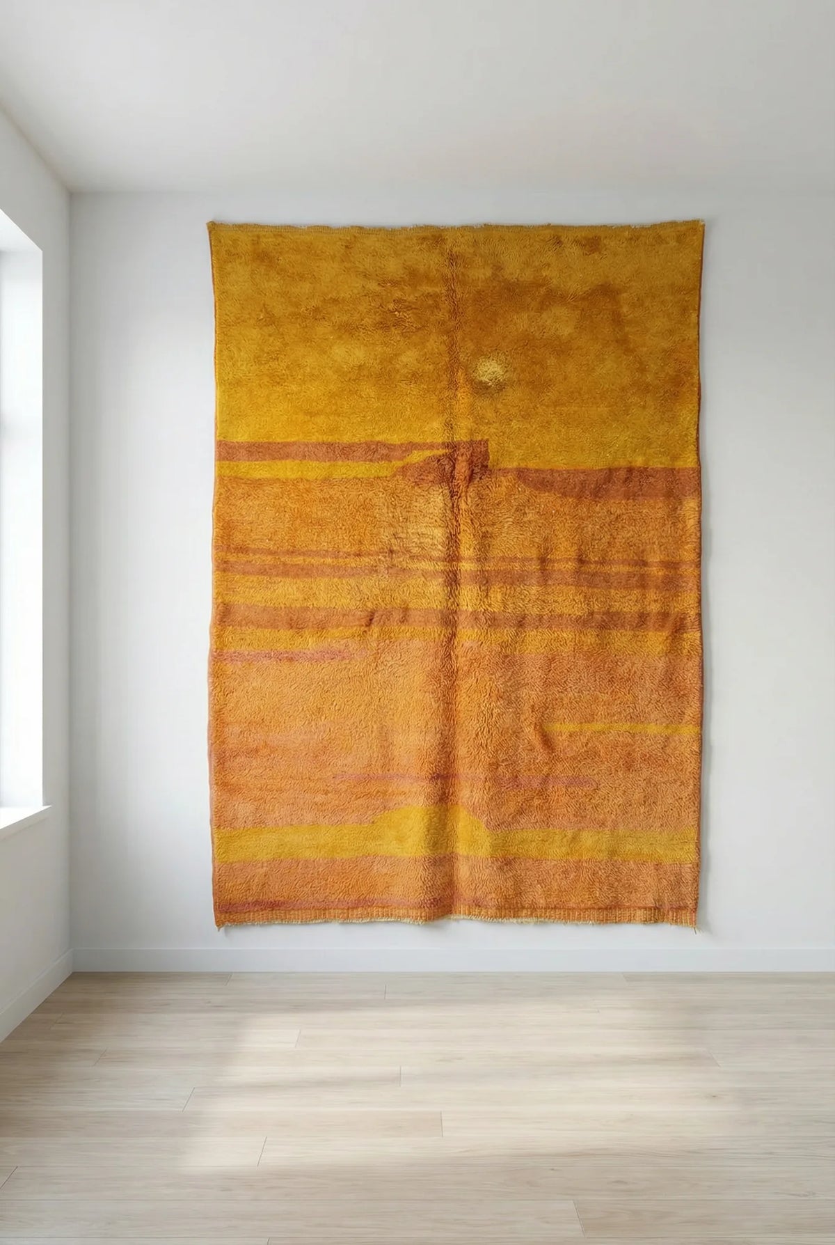 Beni Ourain wool rug, orange ground with reddish horizontal lines, product view 3
