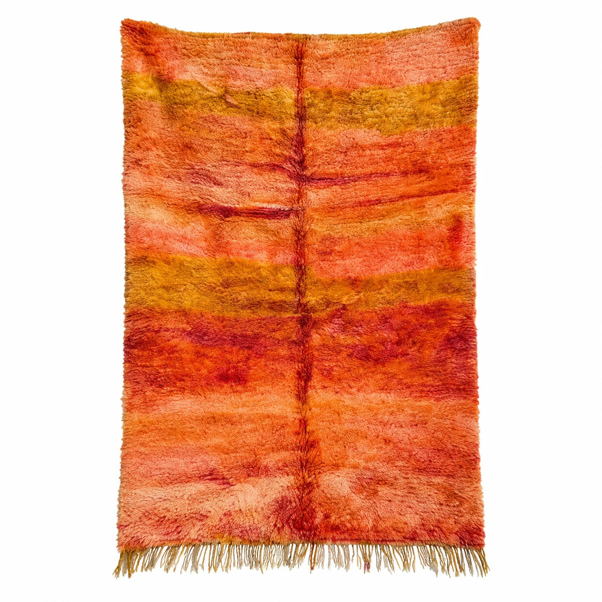 Front view of Beni Ourain wool rug, orange and pink ground with fine horizontal stripes
