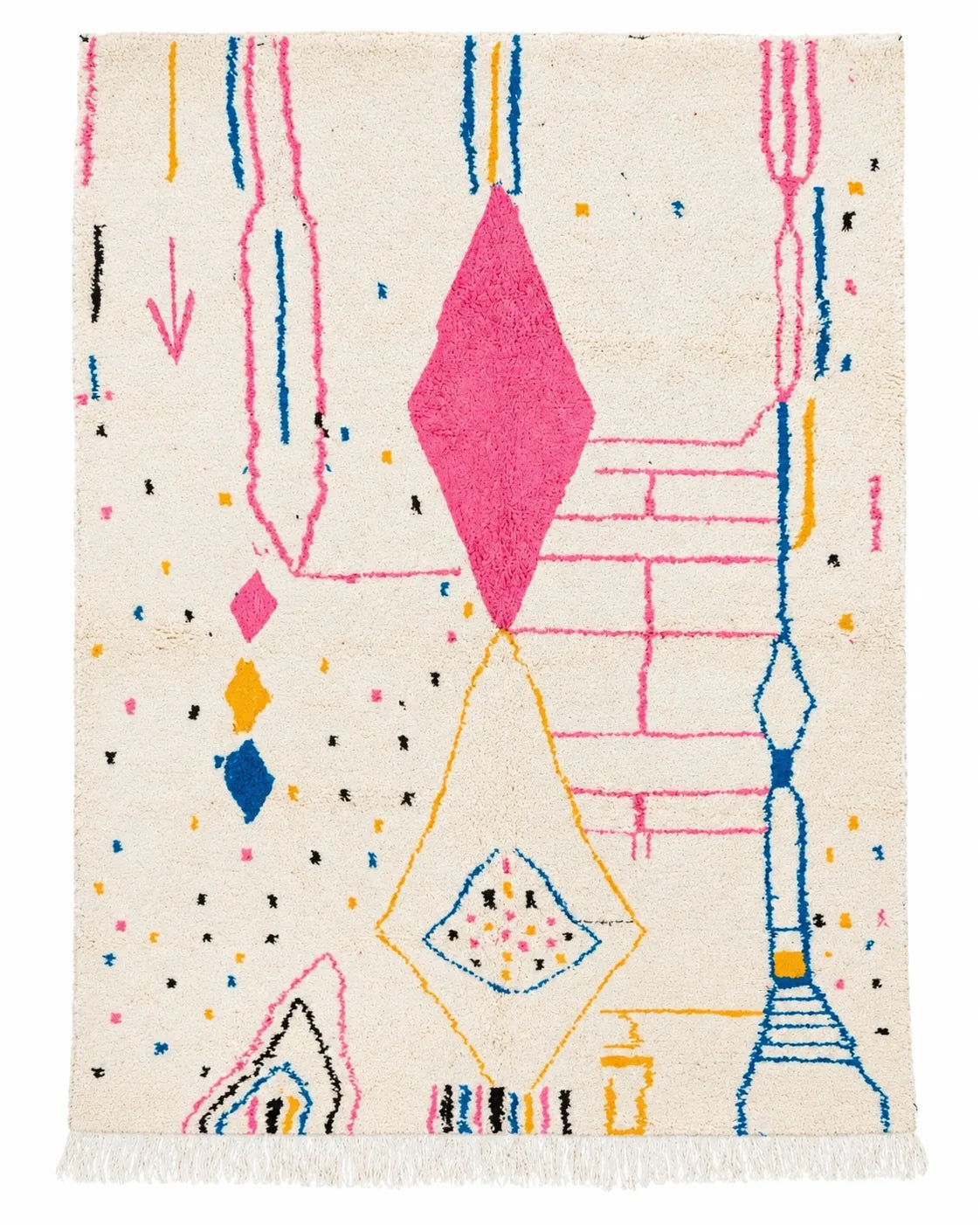 Front view of Beni Ourain wool rug, cream ground with a pink center diamond and colorful symbols