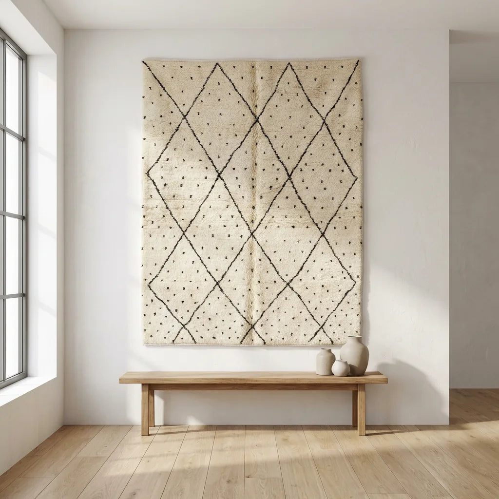 Beni Ourain wool rug, cream ground with black diamonds and small dots, product view 2