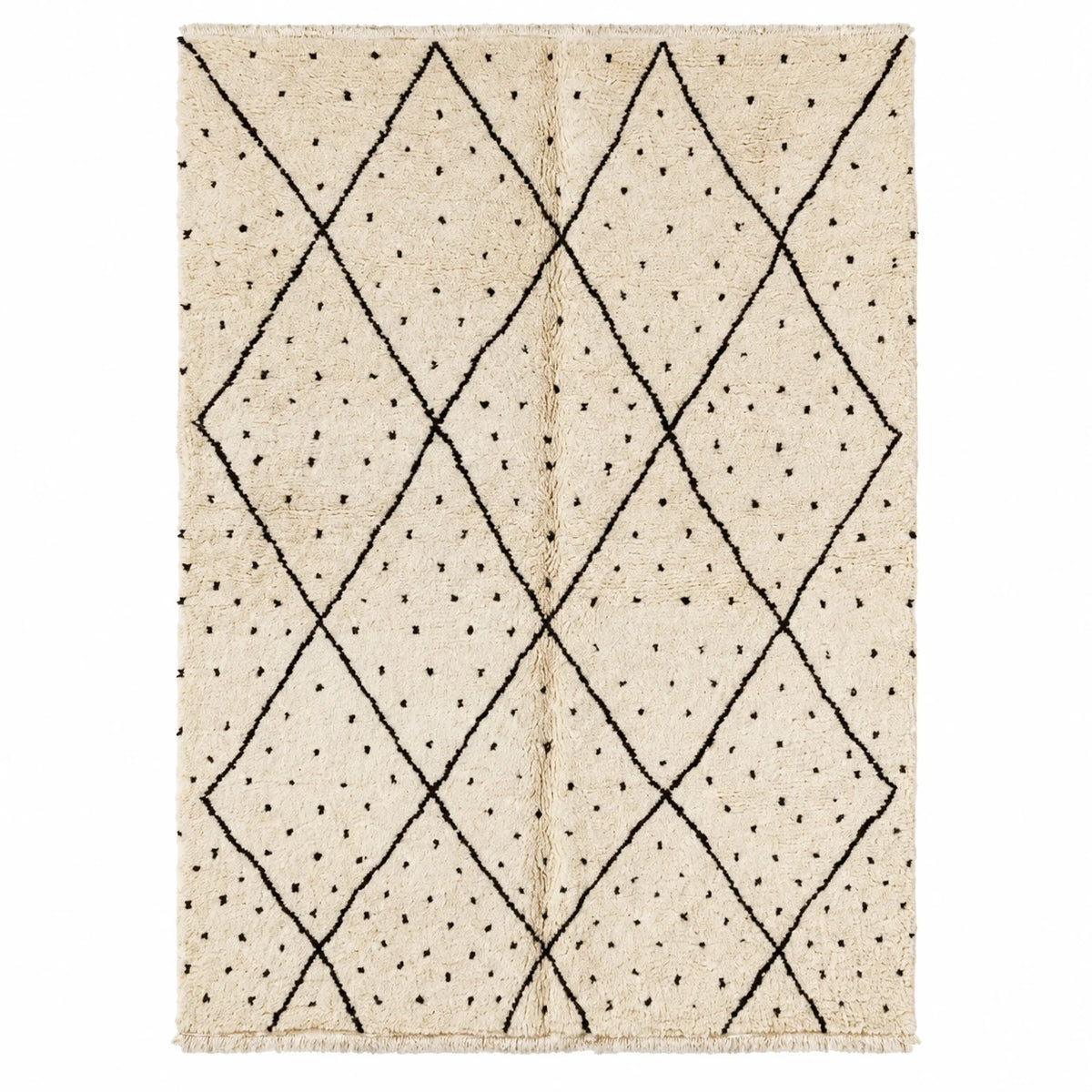 Front view of Beni Ourain wool rug, cream ground with black diamonds and small dots