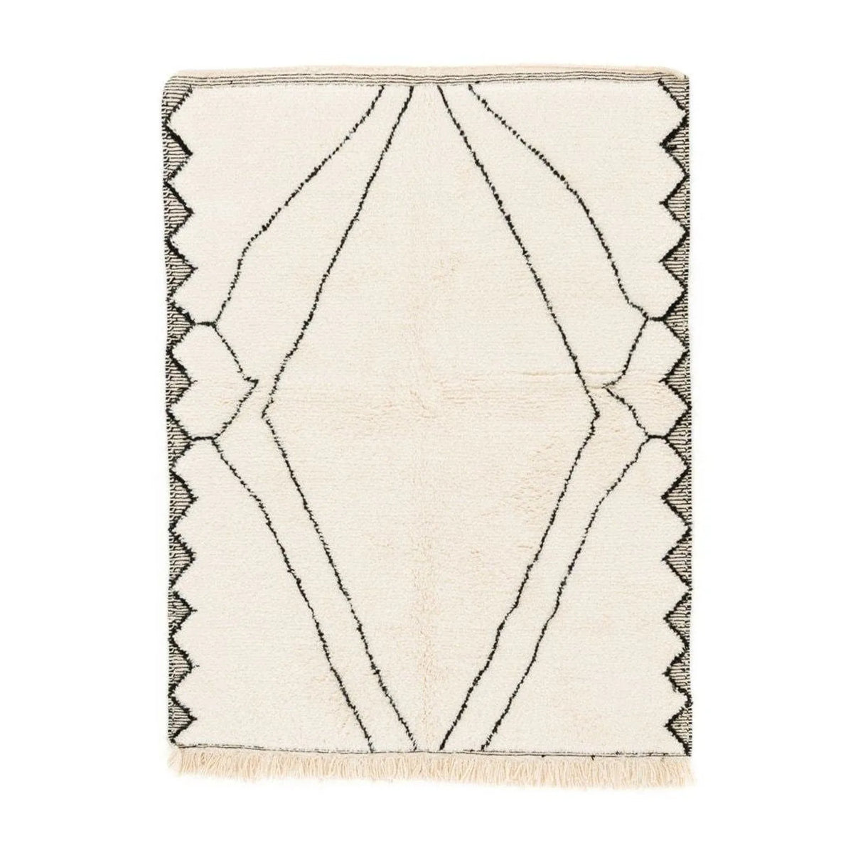 Front view of Beni Ourain wool rug, cream ground with a large diamond and a black zigzag border