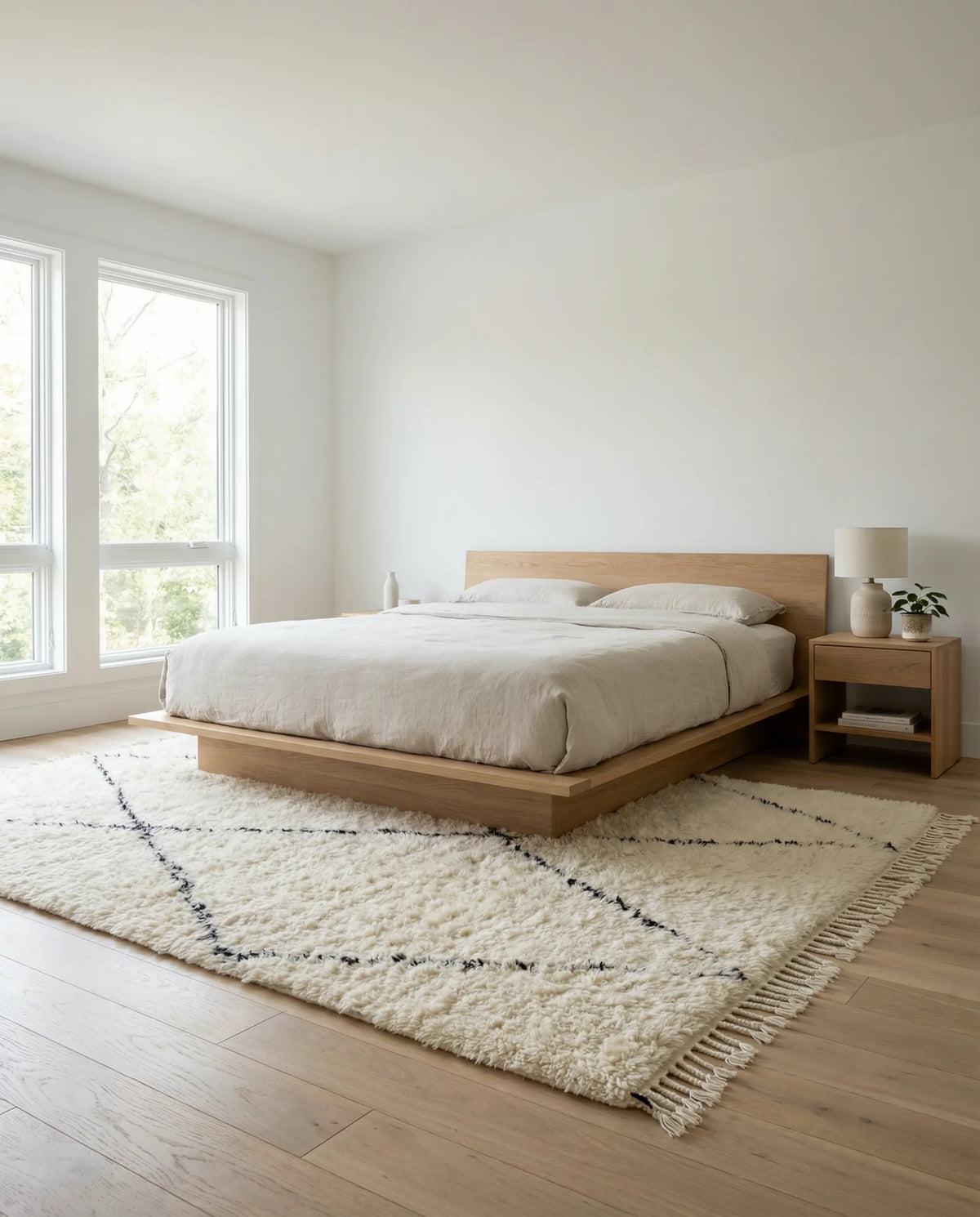 Beni Ourain wool rug, cream ground with an open black diamond lattice, product view 3