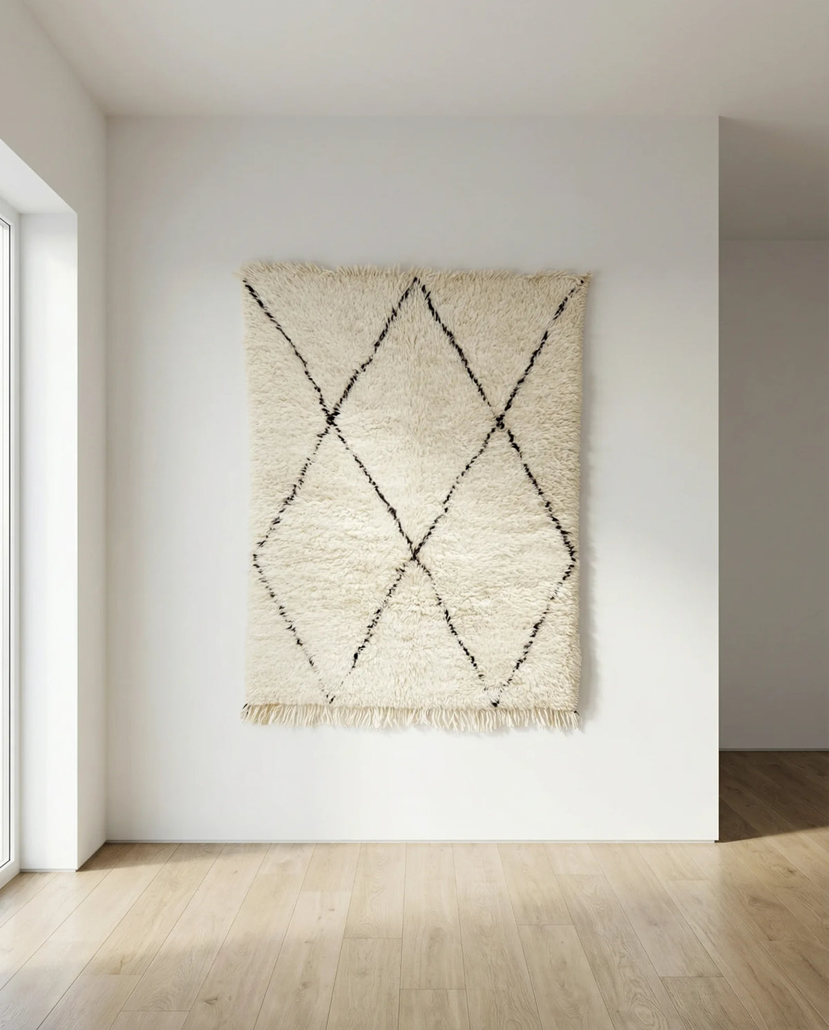 Beni Ourain wool rug, cream ground with an open black diamond lattice, product view 4