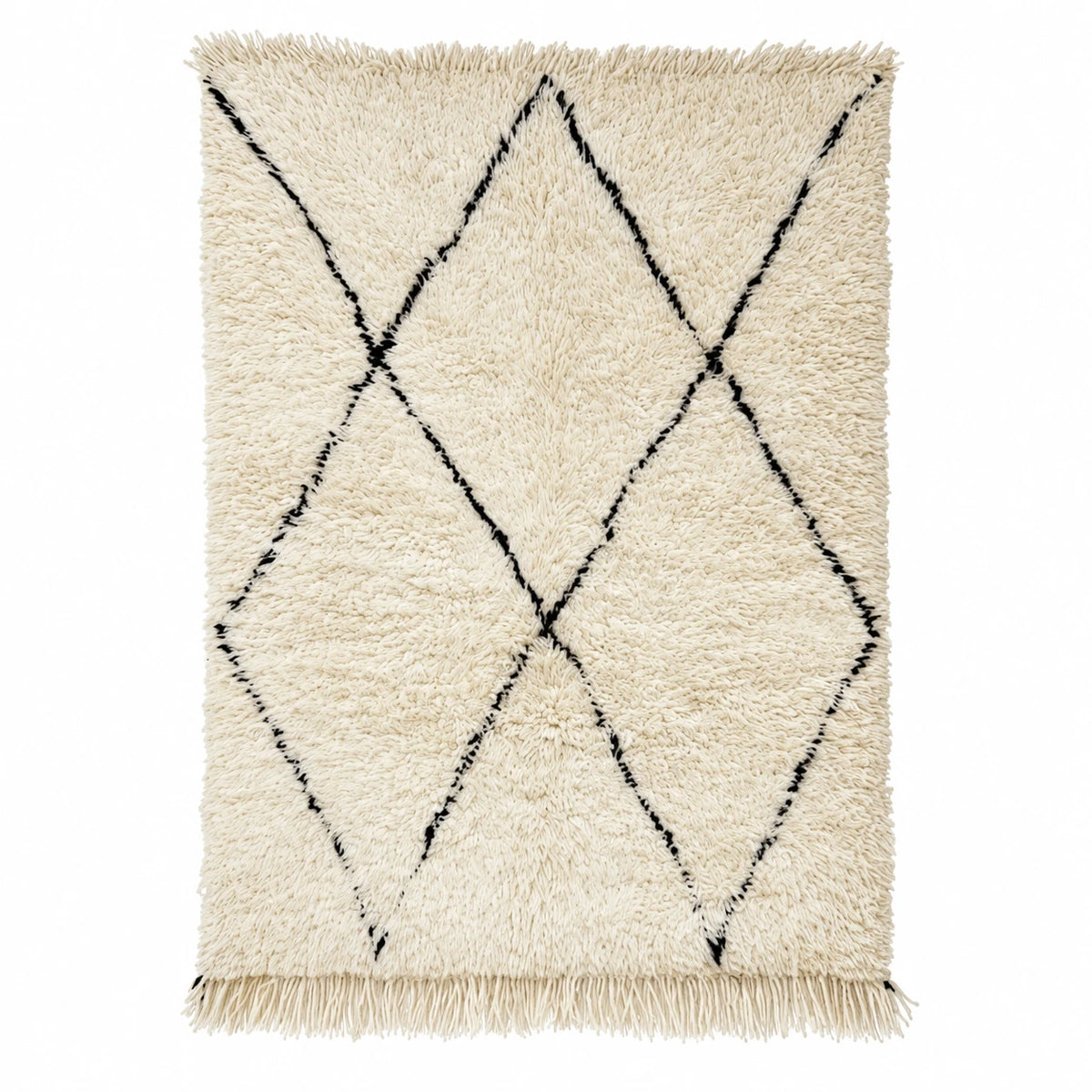 Front view of Beni Ourain wool rug, cream ground with an open black diamond lattice