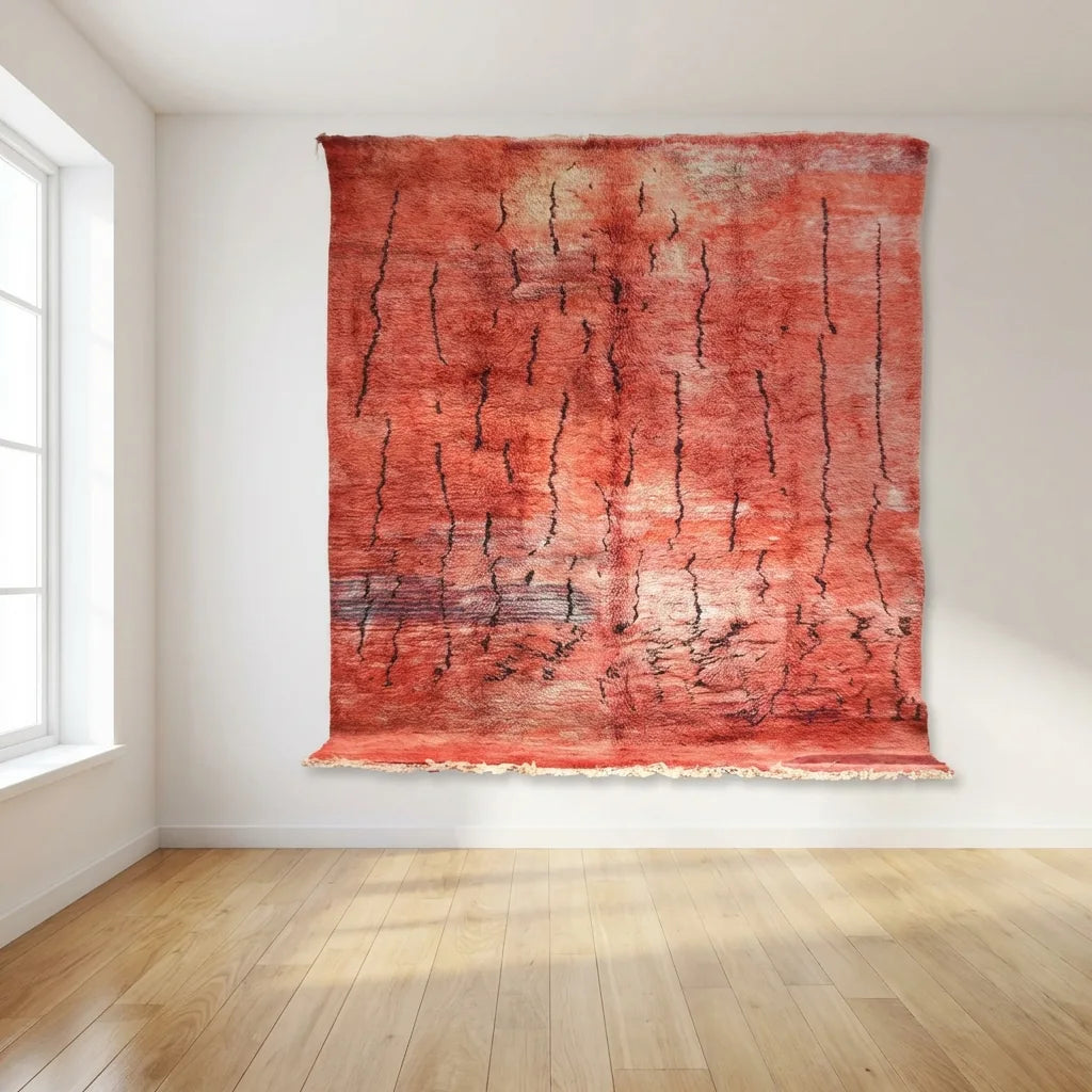 Beni Ourain wool rug, red ground with dark abstract linework, product view 2