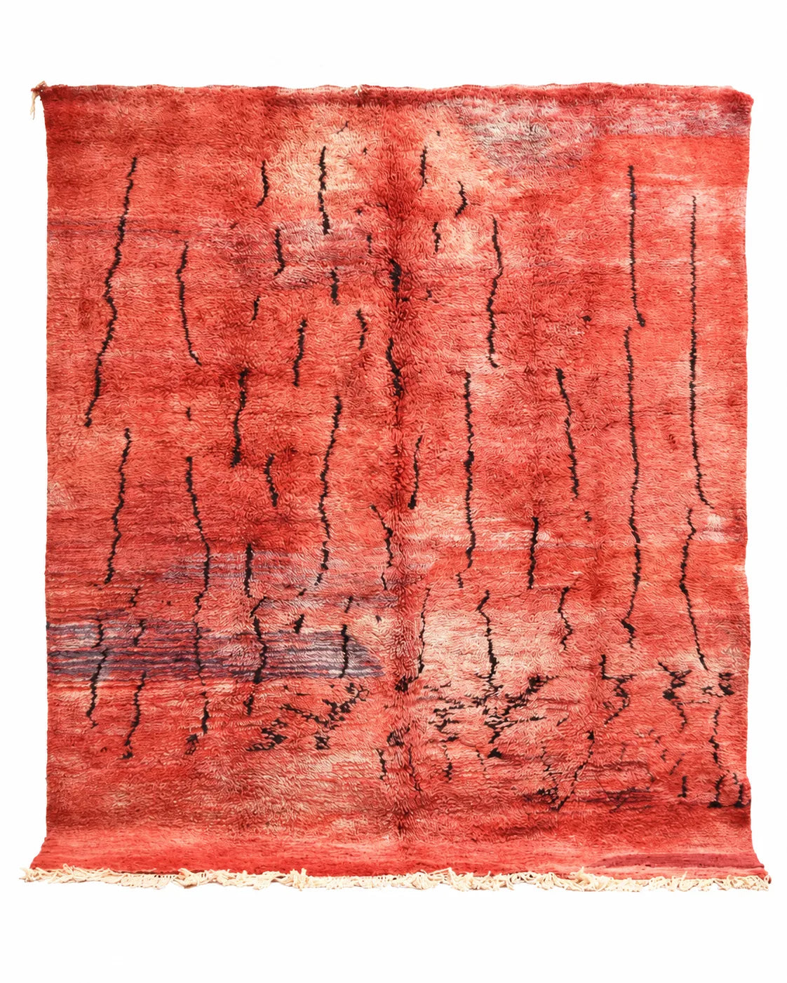 Front view of Beni Ourain wool rug, red ground with dark abstract linework