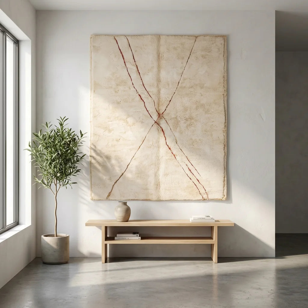 Beni Ourain wool rug, cream ground with fine red diagonal lines, product view 2