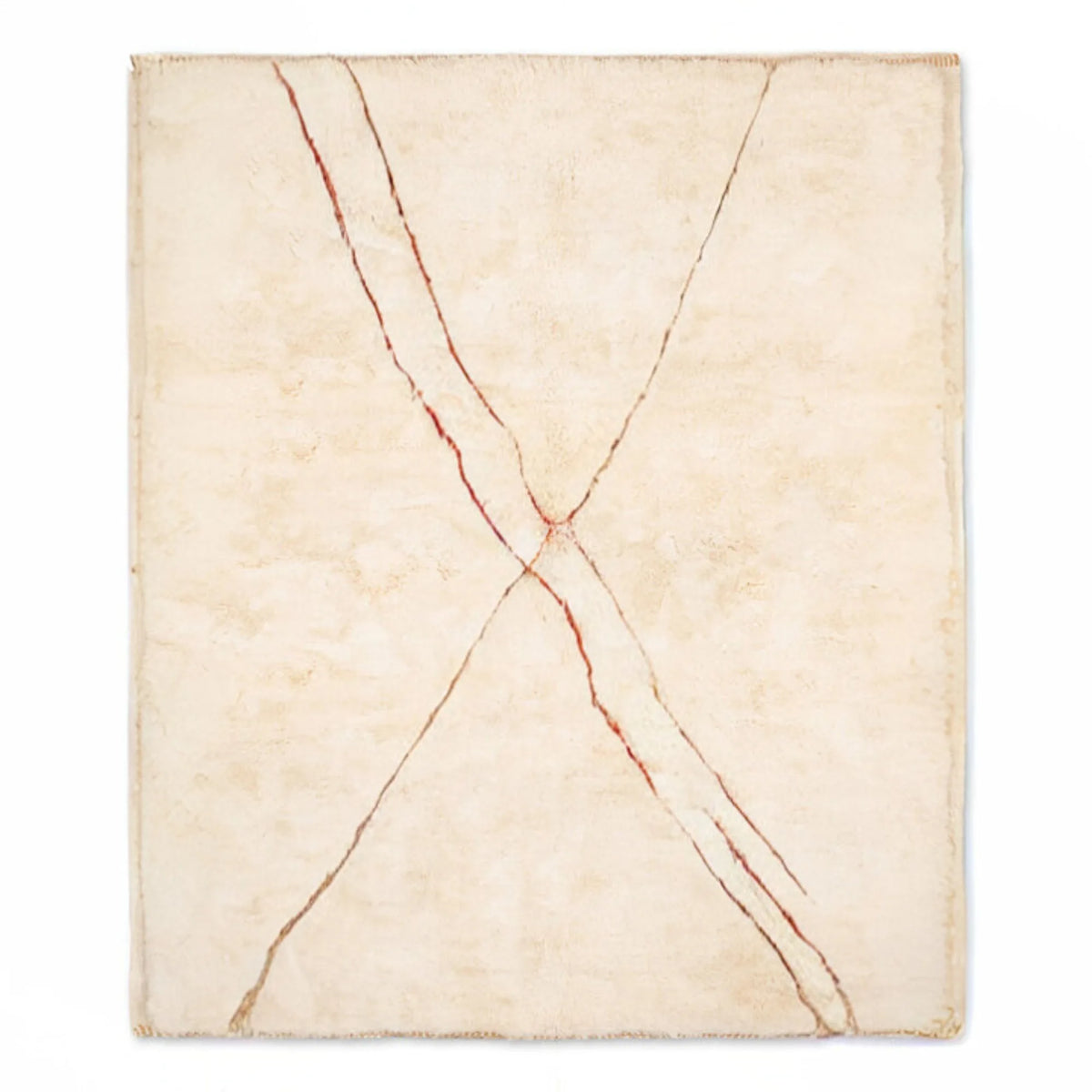 Front view of Beni Ourain wool rug, cream ground with fine red diagonal lines