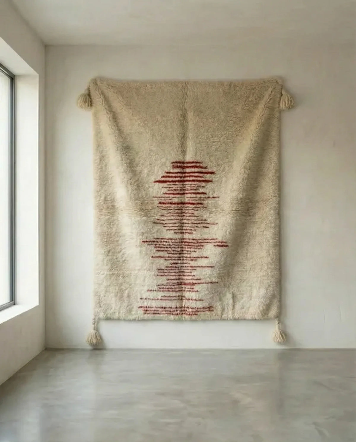 Beni Ourain wool rug, cream ground with a red linear motif at the center, product view 2