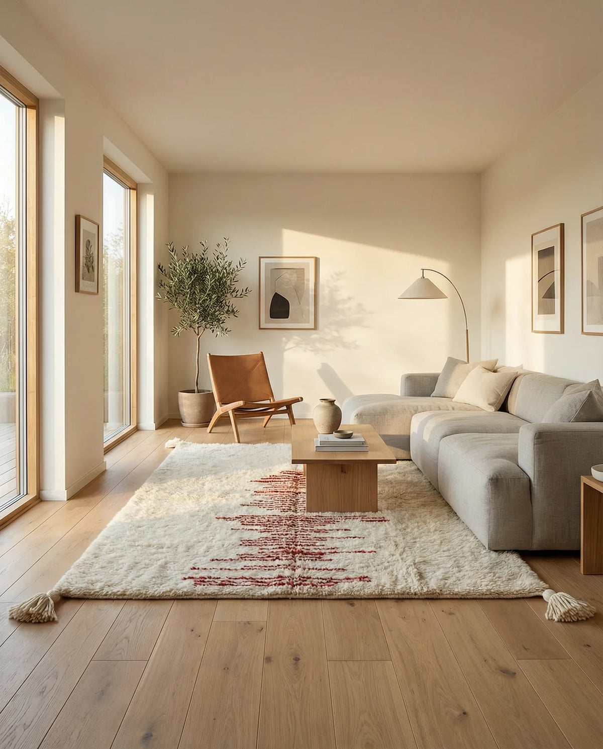 Beni Ourain wool rug, cream ground with a red linear motif at the center, product view 3