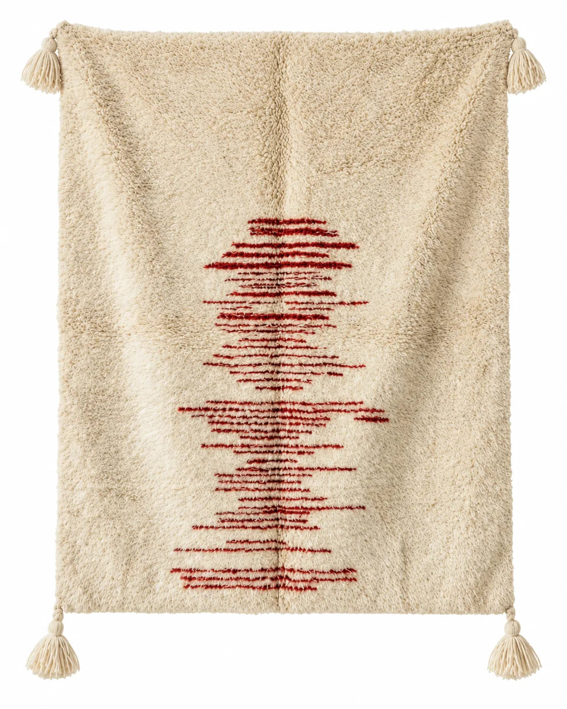 Front view of Beni Ourain wool rug, cream ground with a red linear motif at the center