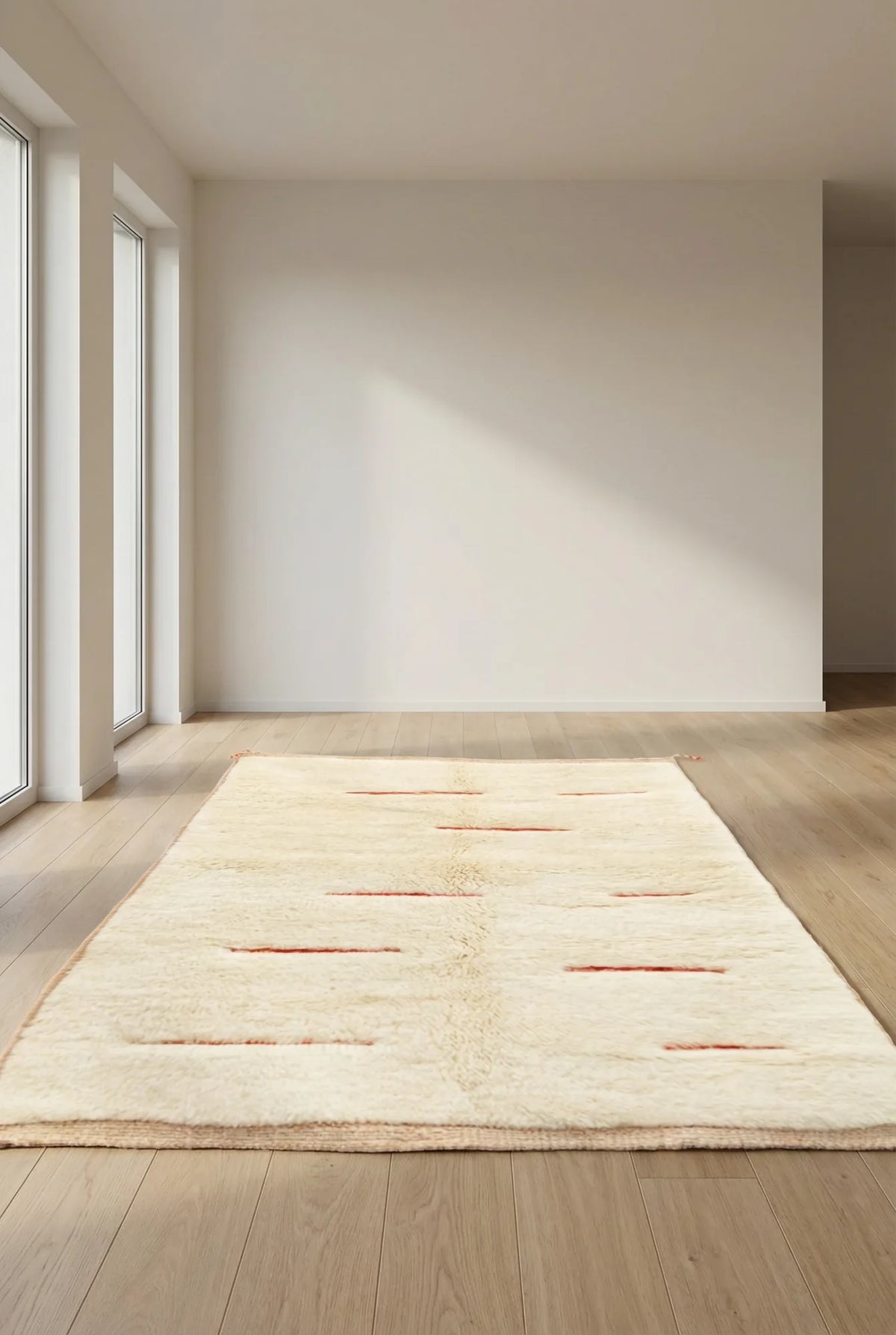Beni Ourain wool rug, cream ground with short red horizontal lines, product view 2